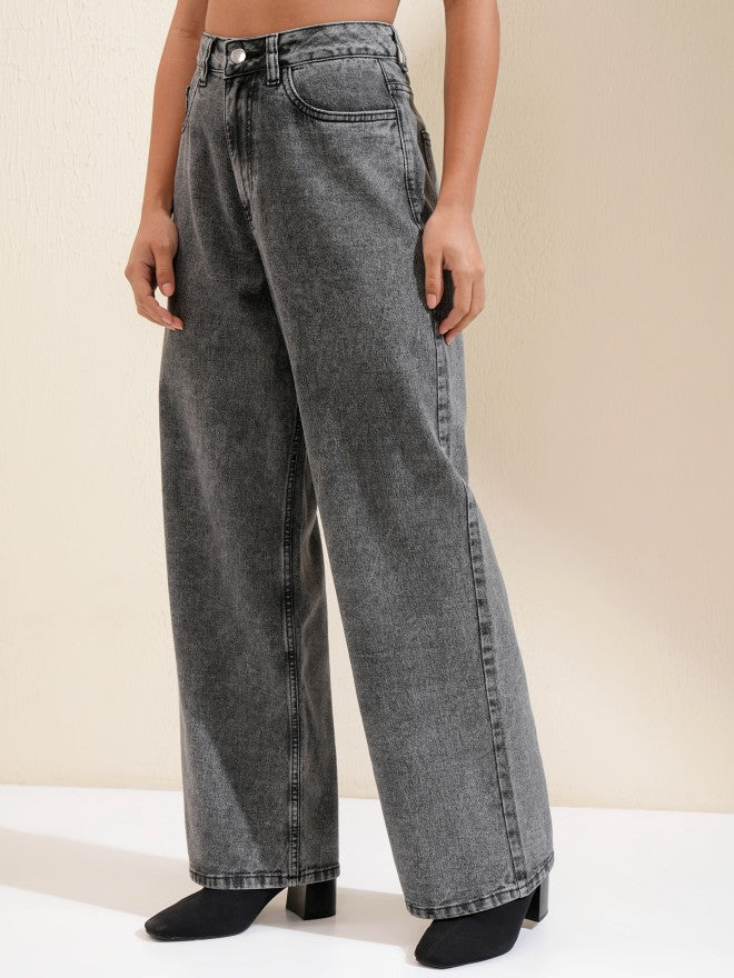 Tokyo Talkies Women Grey Wide Leg Jeans - Grey - Image 4