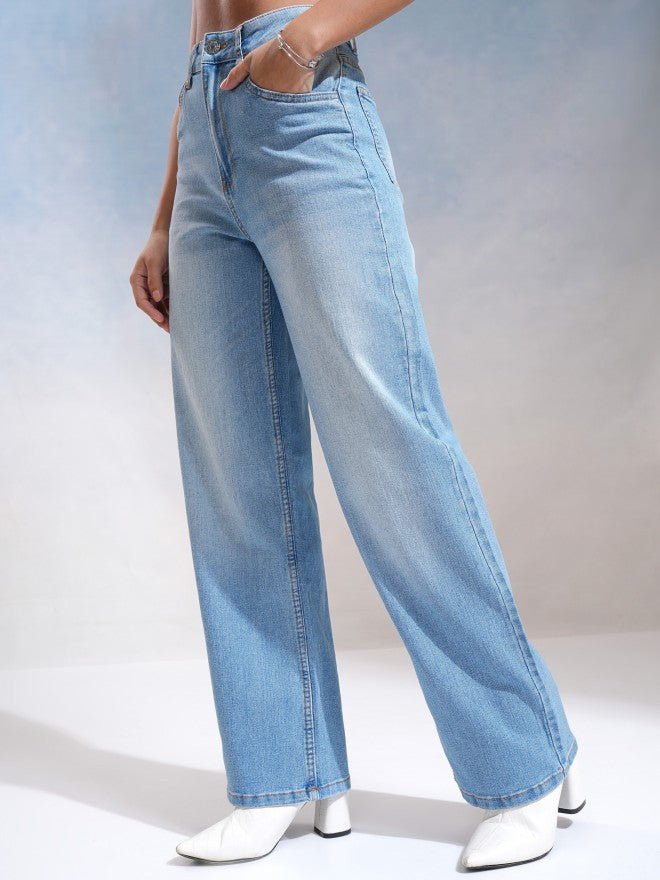Tokyo Talkies Women Blue Wide Leg Stretchable Jeans - Blue - Image 4