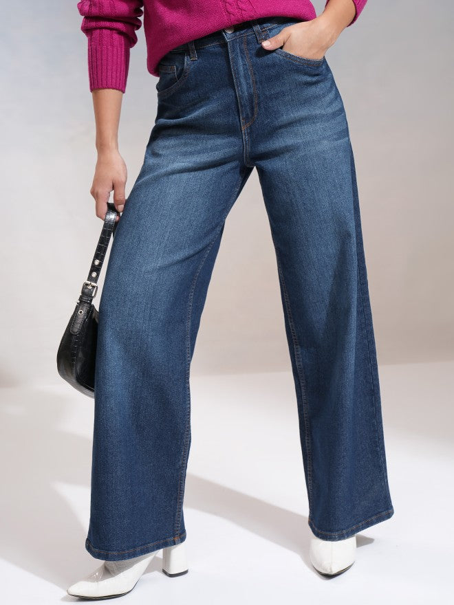 Tokyo Talkies Women Blue Wide Leg Stretchable Jeans - Blue - Image 1