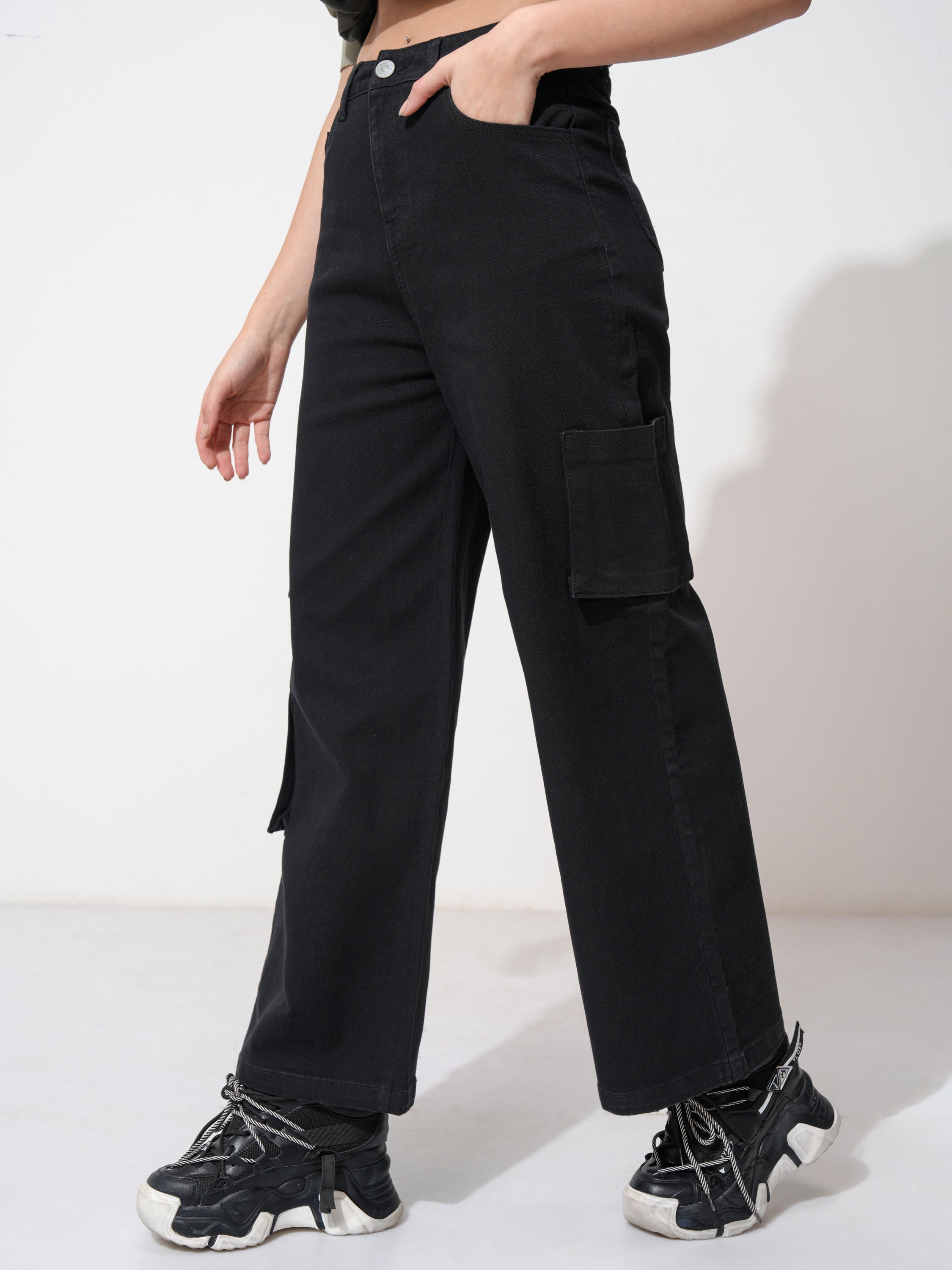 Tokyo Talkies Women Black Wide Leg Stretchable Jeans - Black - Image 4