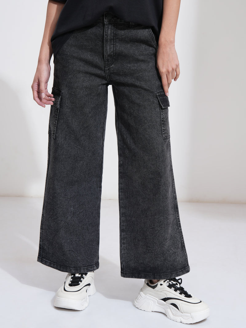 Tokyo Talkies Women Black Wide Leg Stretchable Jeans - Black - Image 1