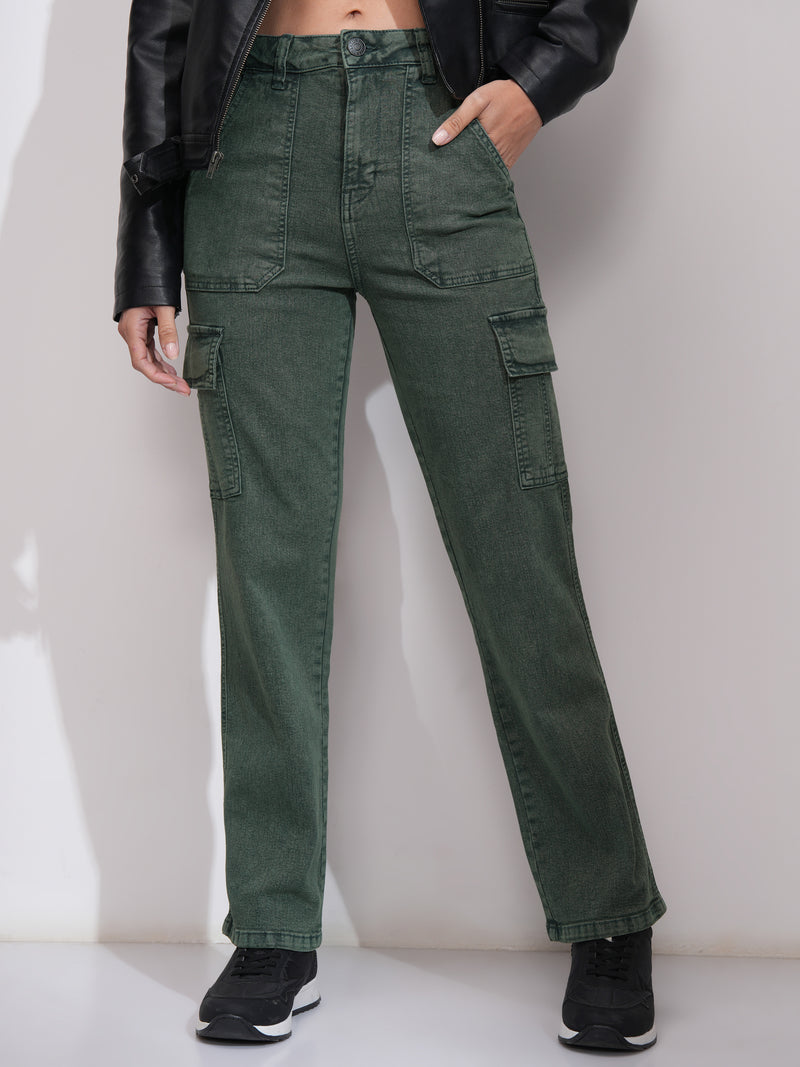 Tokyo Talkies Women Green Straight Fit Stretchable Jeans - Green - Image 1