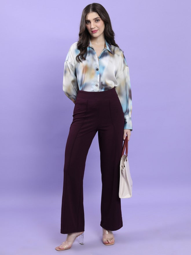 Tokyo Talkies Women Plum Flared Solid Casual Trouser - Purple - Image 2