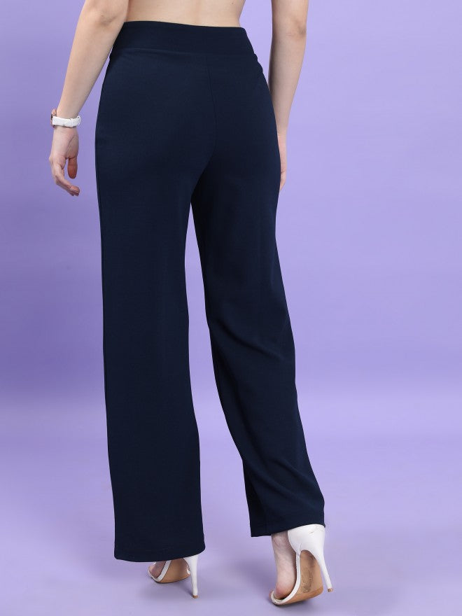 Tokyo Talkies Women Navy Blue Solid Flared Casual Trouser - Navy Blue - Image 3