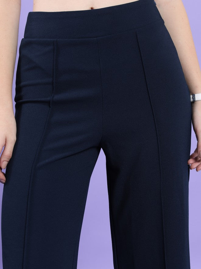 Tokyo Talkies Women Navy Blue Solid Flared Casual Trouser - Navy Blue - Image 5