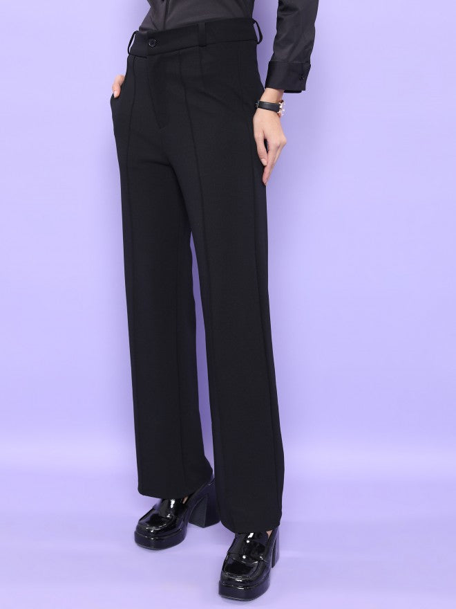 Tokyo Talkies Women Black Solid Straight Fit Casual Trouser - Black - Image 4