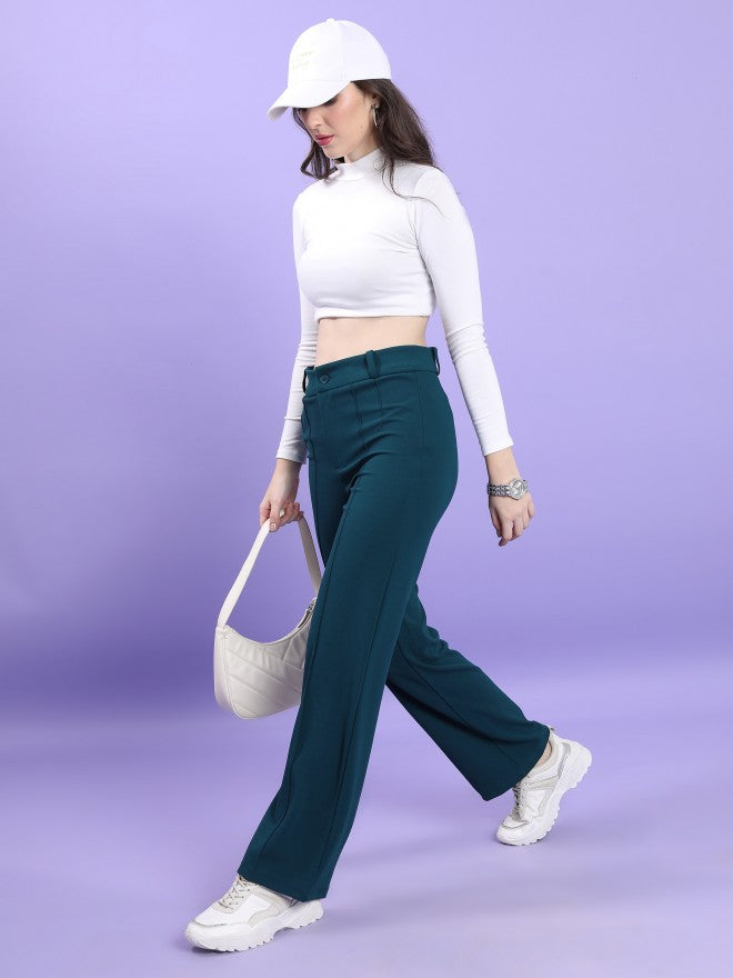 Tokyo Talkies Women Teal Solid Straight Fit Casual Trouser - Teal - Image 2