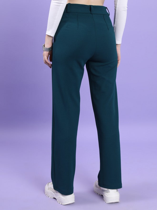 Tokyo Talkies Women Teal Solid Straight Fit Casual Trouser - Teal - Image 3
