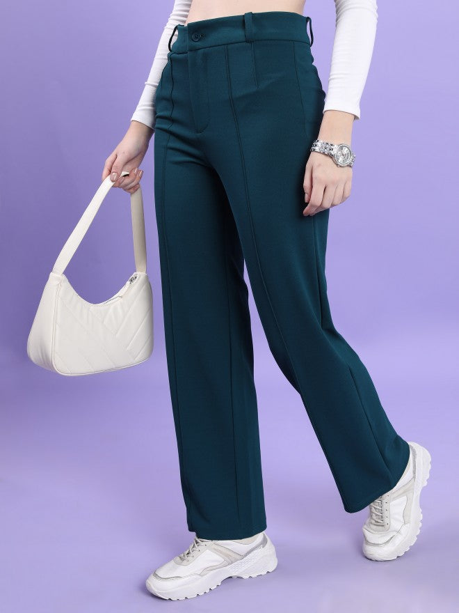 Tokyo Talkies Women Teal Solid Straight Fit Casual Trouser - Teal - Image 4