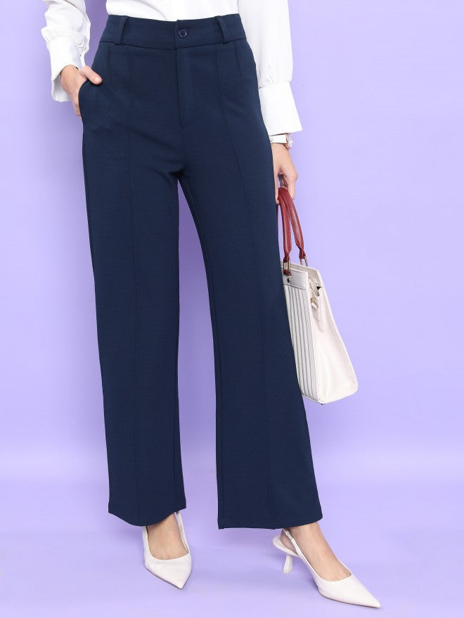 Tokyo Talkies Women Navy Blue Solid Straight Fit Casual Trouser - Navy Blue - Image 1