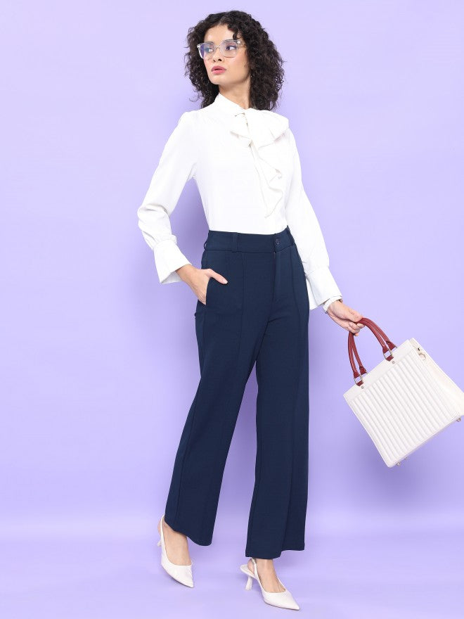 Tokyo Talkies Women Navy Blue Solid Straight Fit Casual Trouser - Navy Blue - Image 2