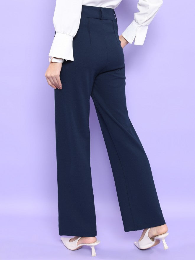 Tokyo Talkies Women Navy Blue Solid Straight Fit Casual Trouser - Navy Blue - Image 3