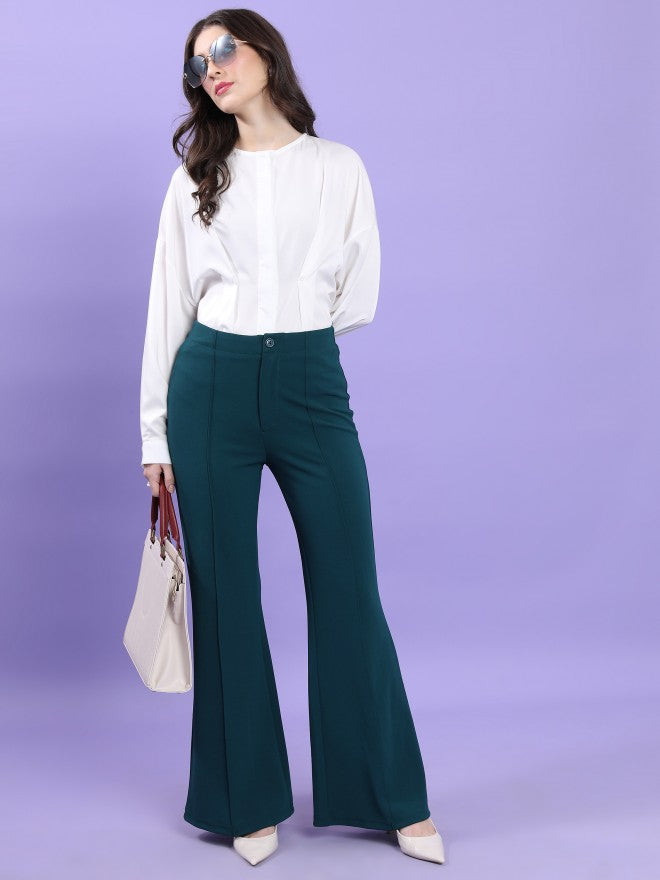 Tokyo Talkies Women Teal Solid Bootcut Casual Trouser - Teal - Image 2