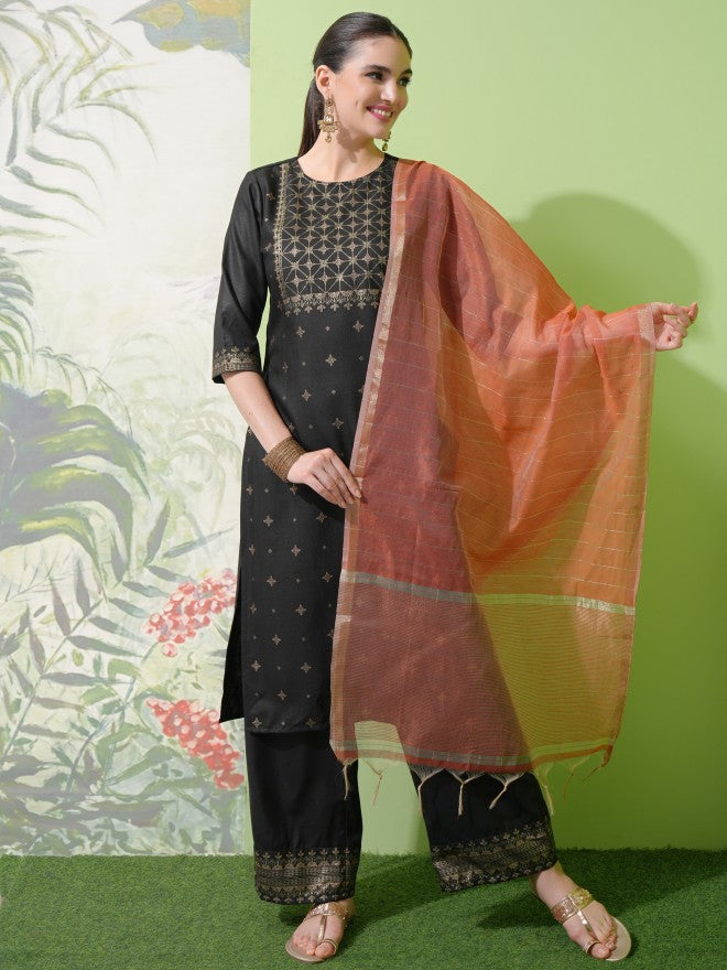 Vishudh Women Black Printed Kurta With Palazzos & Dupatta - Black - Image 1