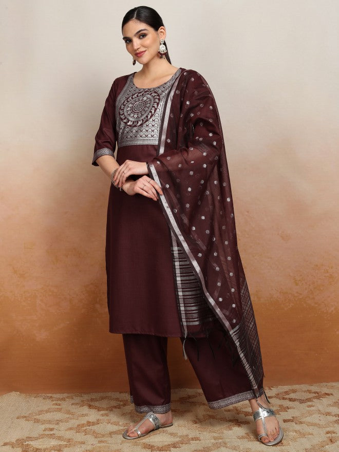 Vishudh Women Burgundy Embroidered Kurta With Palazzo And Dupatta - Burgundy - Image 1