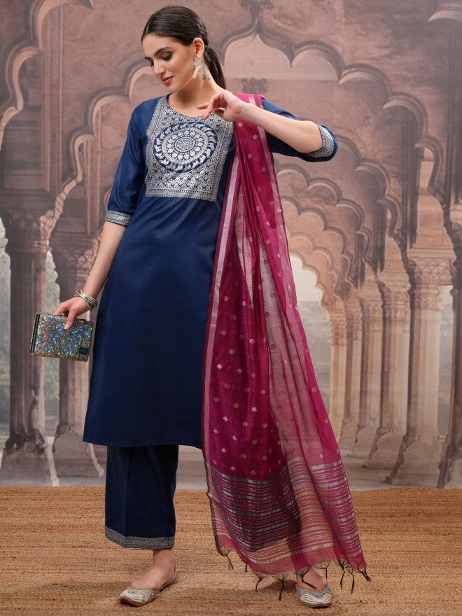 Vishudh Women Navy Blue Printed Kurta With Palazzo And Dupatta - Navy Blue - Image 1