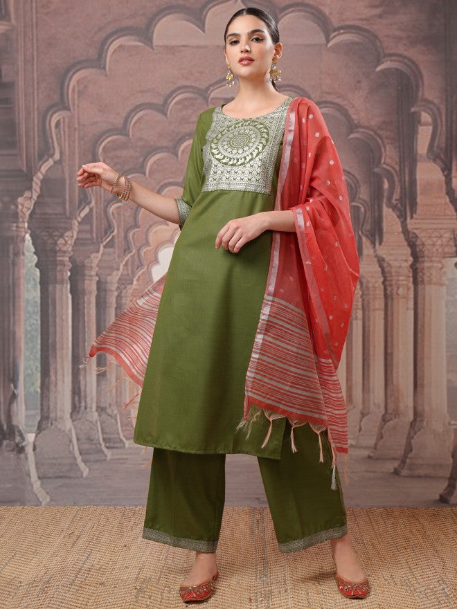 Vishudh Women Green Printed Kurta With Palazzo And Dupatta - Green - Image 1