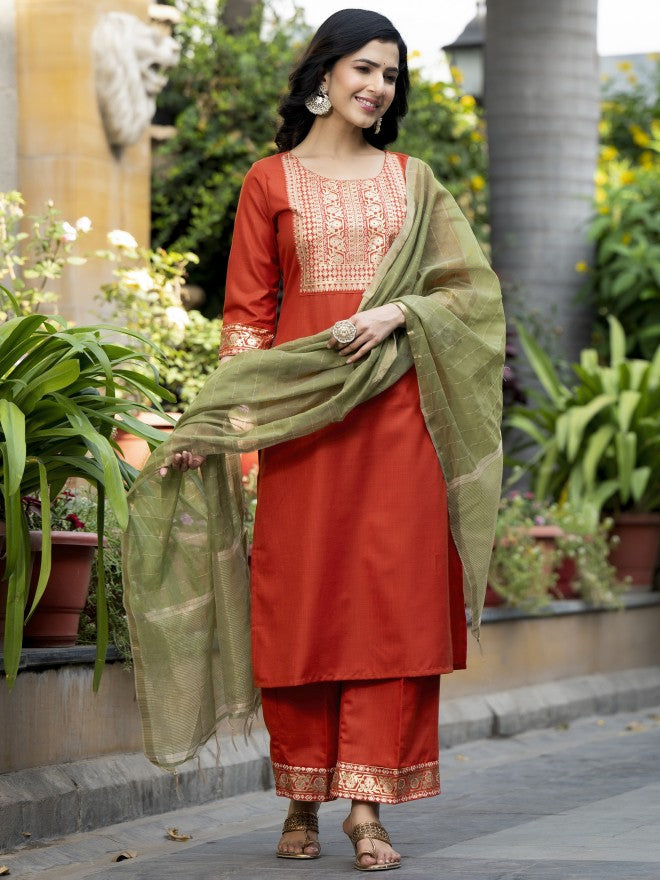 Vishudh Women Terracotta Printed Kurta With Palazzo And Dupatta - Terracotta - Image 1