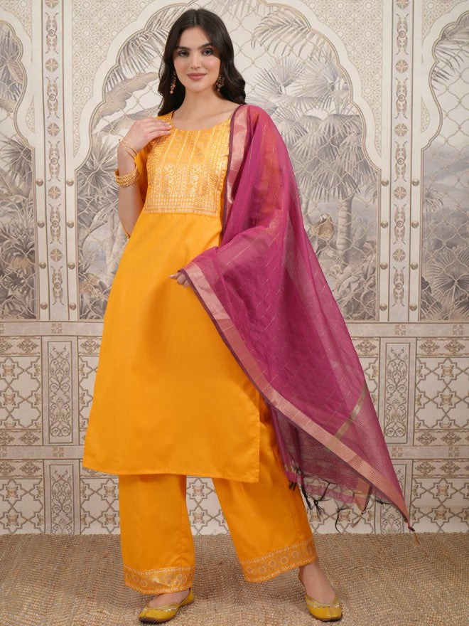Vishudh Women Yellow Printed Kurta With Palazzo And Dupatta - Yellow - Image 1