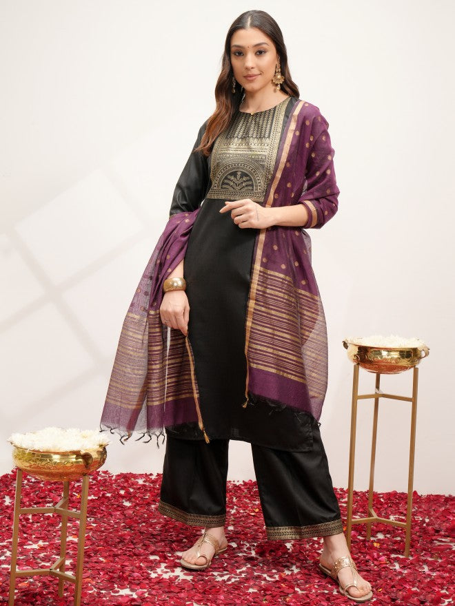 Vishudh Women Black Printed Kurta With Palazzos And Dupatta - Black - Image 1