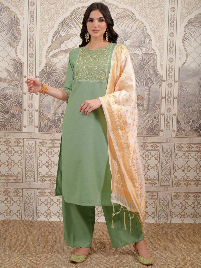 Vishudh Women Green Embroidered Kurta With Palazzo And Dupatta - Green - Image 1