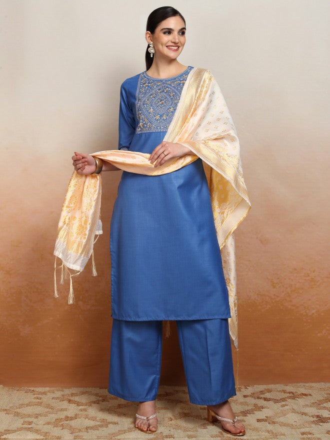 Vishudh Women Blue Embroidered Kurta With Palazzo And Dupatta - Blue - Image 1