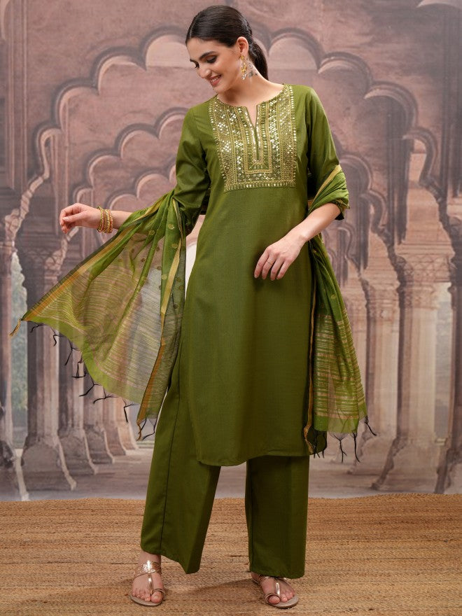 Vishudh Women Olive Embroidered Kurta With Palazzo And Dupatta - Olive - Image 1