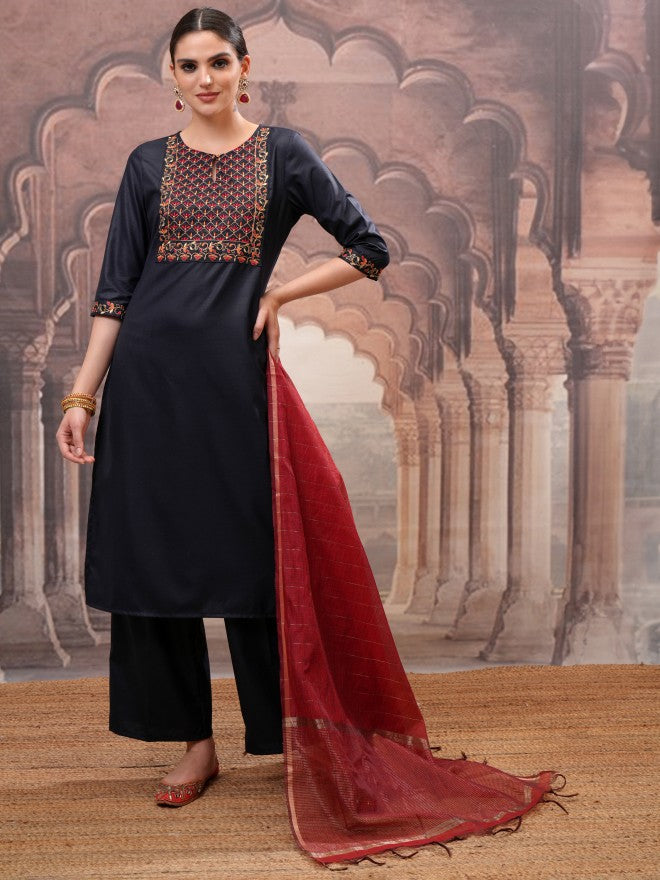 Vishudh Women Navy Blue Embroidered Kurta With Palazzo And Dupatta - Navy Blue - Image 1