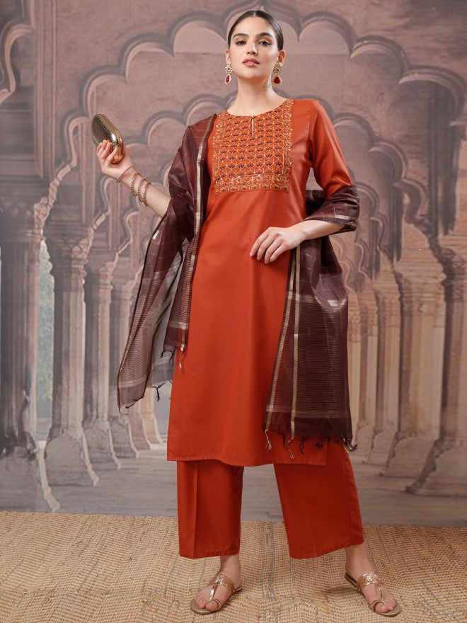 Vishudh Women Terracotta Embroidered Kurta With Palazzo And Dupatta - Terracotta - Image 1