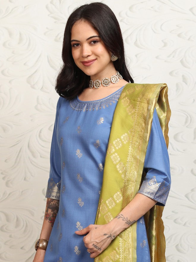 Vishudh Women Blue Printed Kurta With Palazzo And Dupatta - Blue - Image 1