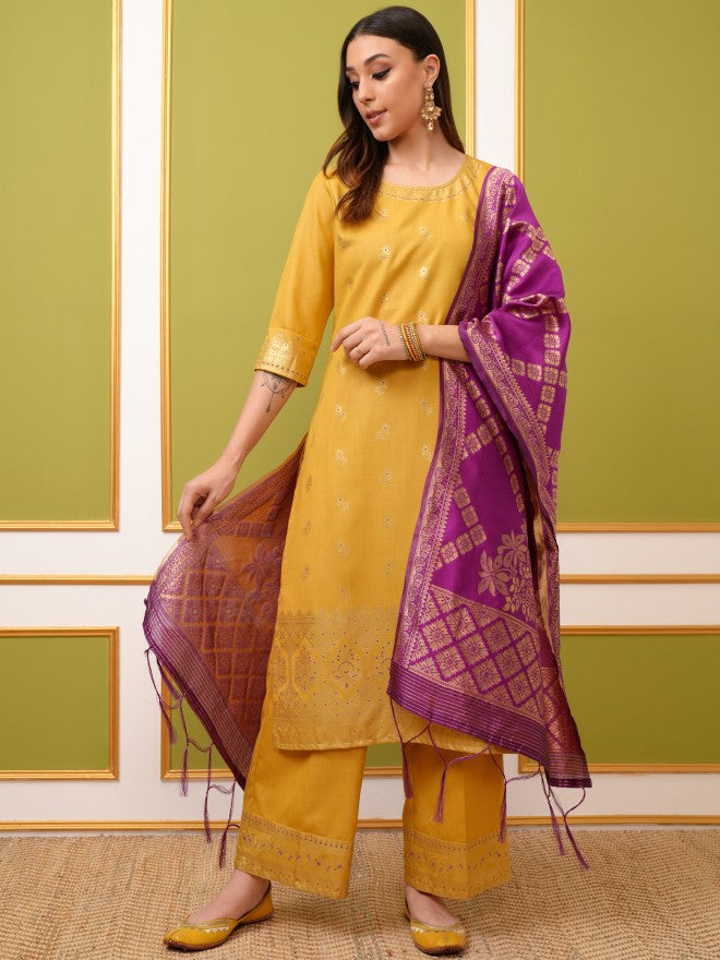 Vishudh Women Yellow Printed Kurta With Palazzo And Dupatta - Yellow - Image 1