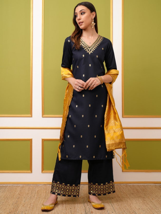 Vishudh Women Navy Blue Printed Kurta With Palazzo And Dupatta - Navy Blue - Image 1