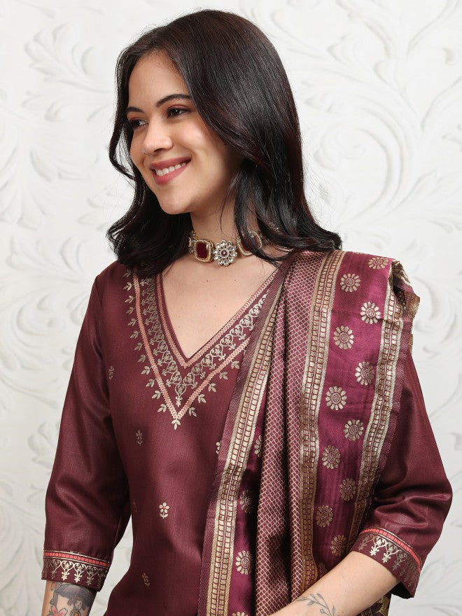 Vishudh Women Burgundy Printed Kurta With Palazzo And Dupatta - Burgundy - Image 1