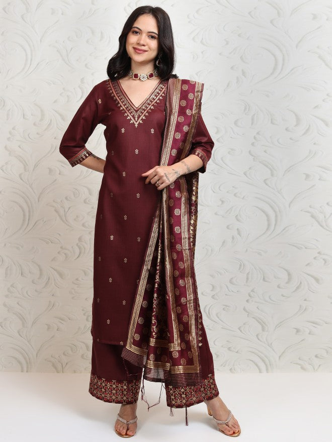 Vishudh Women Burgundy Printed Kurta With Palazzo And Dupatta - Burgundy - Image 2