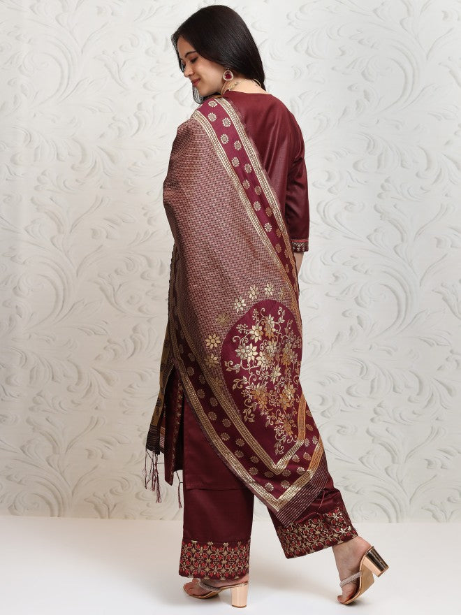 Vishudh Women Burgundy Printed Kurta With Palazzo And Dupatta - Burgundy - Image 3