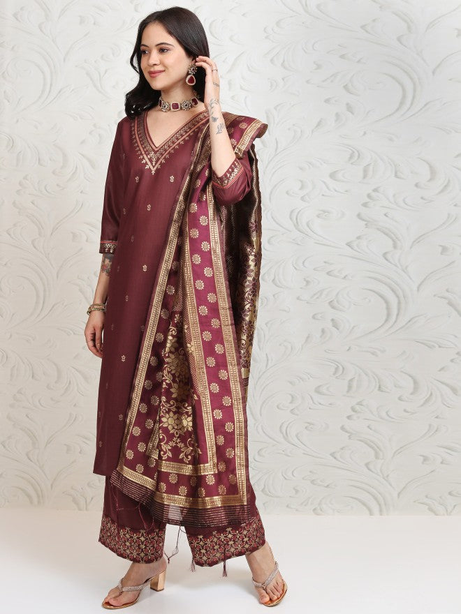 Vishudh Women Burgundy Printed Kurta With Palazzo And Dupatta - Burgundy - Image 4
