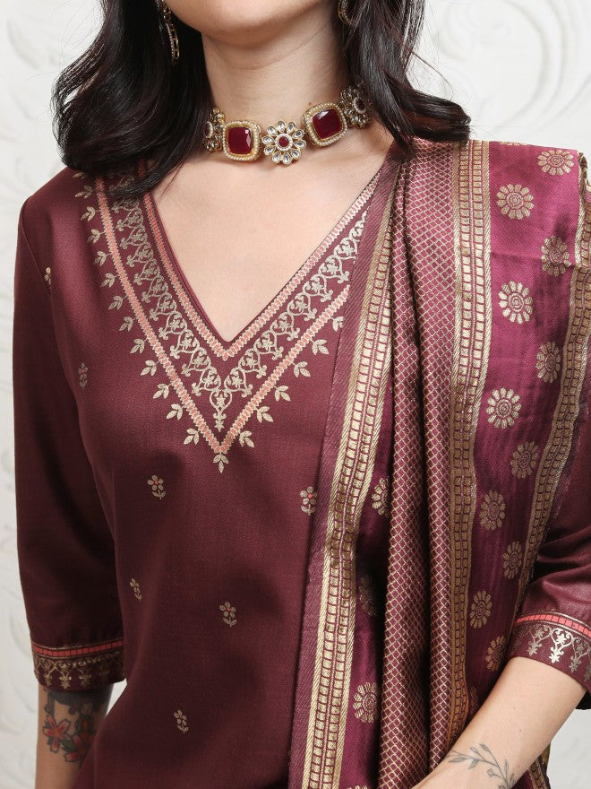 Vishudh Women Burgundy Printed Kurta With Palazzo And Dupatta - Burgundy - Image 5