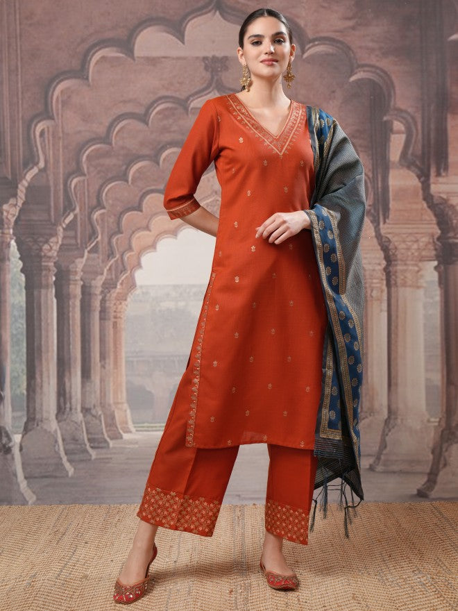 Vishudh Women Terracotta Embroidered Kurta With Palazzo And Dupatta - Terracotta - Image 1