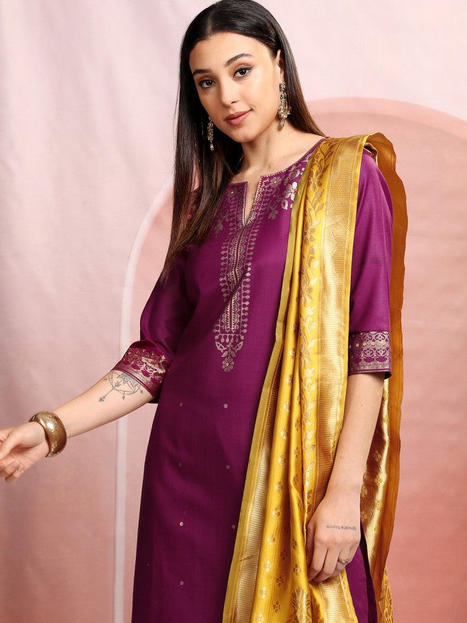 Vishudh Women Magenta Printed Kurta With Palazzo And Dupatta - Magenta - Image 1