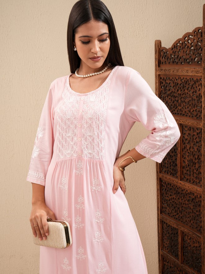 Vishudh Women Pink Embroidered Kurta With Palazzo - Pink - Image 1