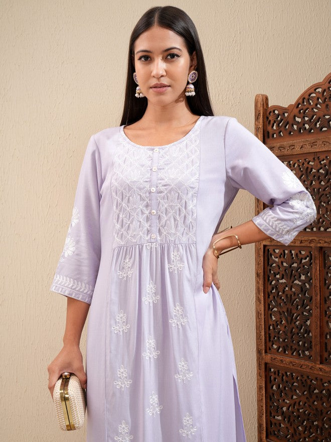 Vishudh Women Lavender Embroidered Kurta With Palazzo - Lavender - Image 1