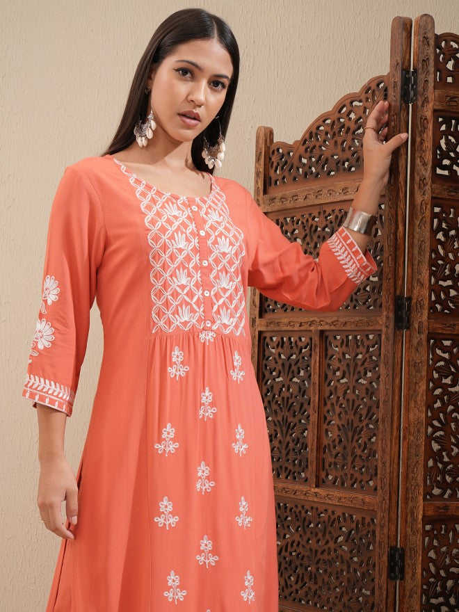 Vishudh Women Orange Embroidered Kurta With Palazzo - Orange - Image 1