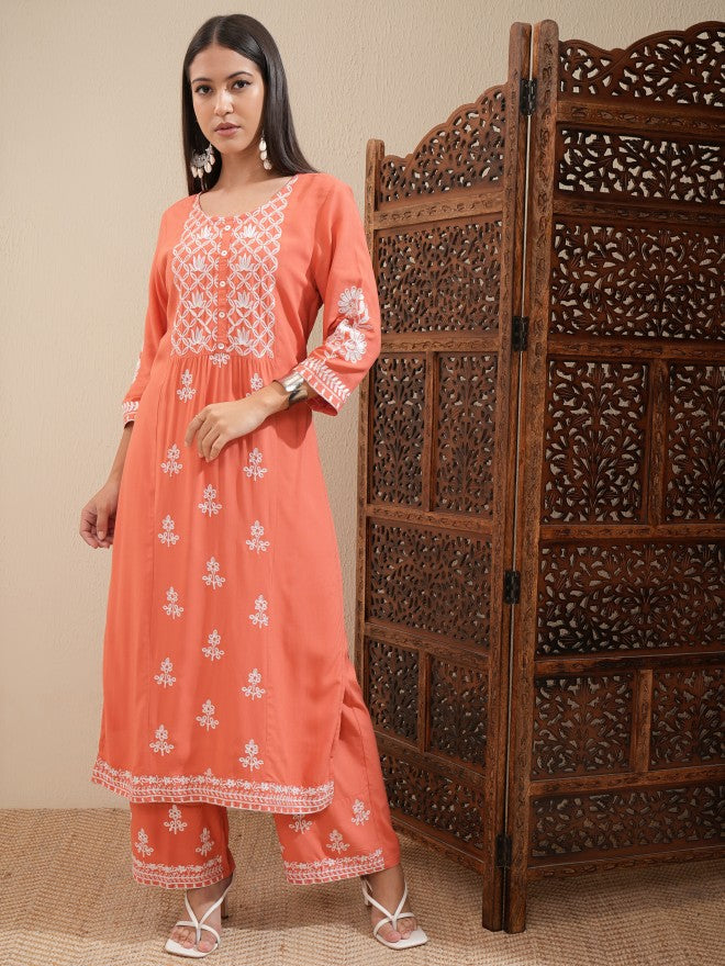 Vishudh Women Orange Embroidered Kurta With Palazzo - Orange - Image 2
