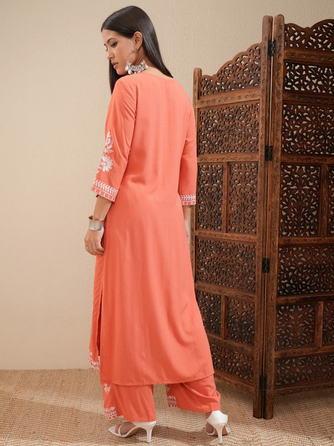 Vishudh Women Orange Embroidered Kurta With Palazzo - Orange - Image 3