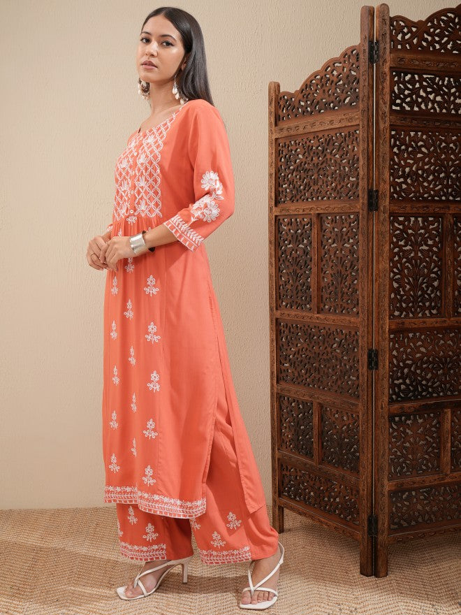 Vishudh Women Orange Embroidered Kurta With Palazzo - Orange - Image 4
