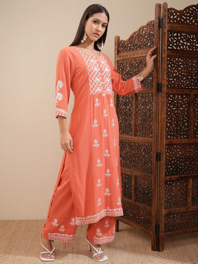 Vishudh Women Orange Embroidered Kurta With Palazzo - Orange - Image 6