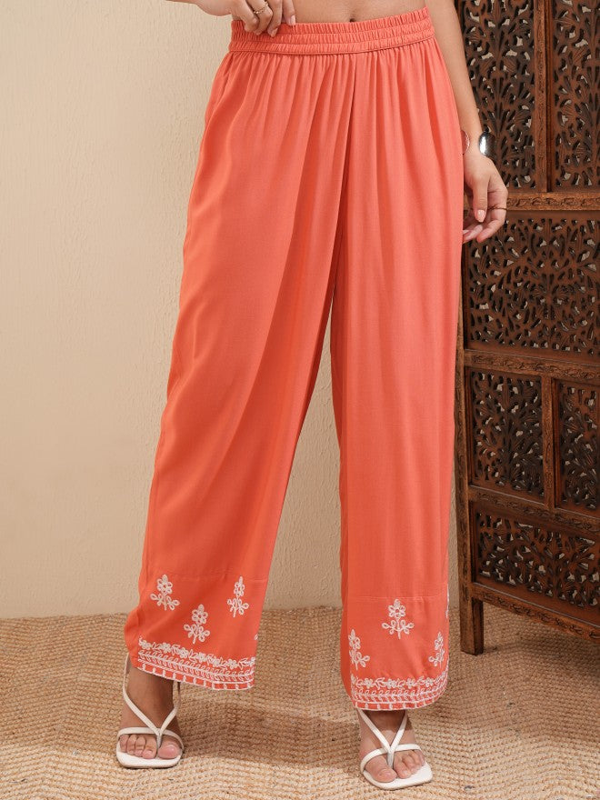 Vishudh Women Orange Embroidered Kurta With Palazzo - Orange - Image 7