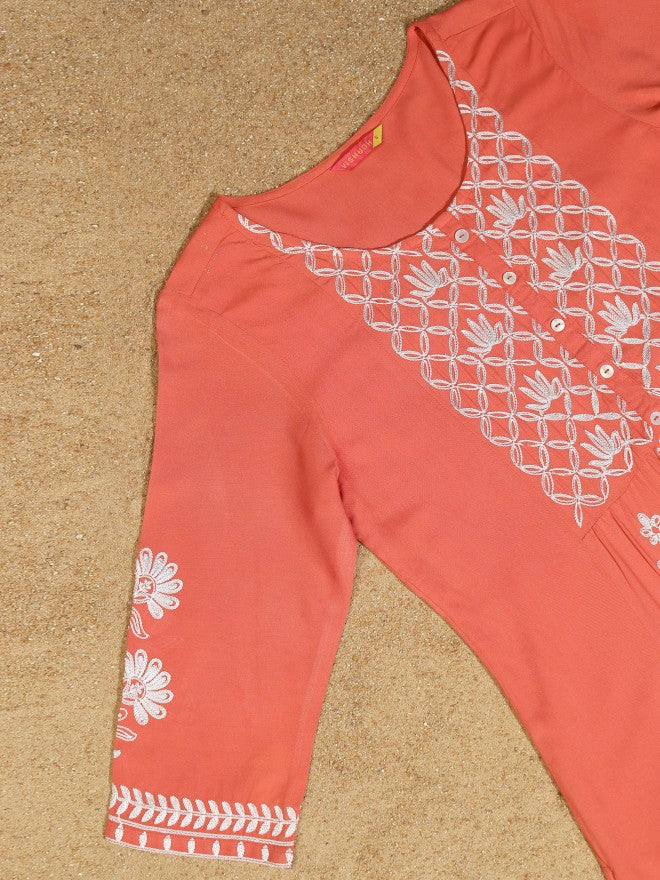 Vishudh Women Orange Embroidered Kurta With Palazzo - Orange - Image 9