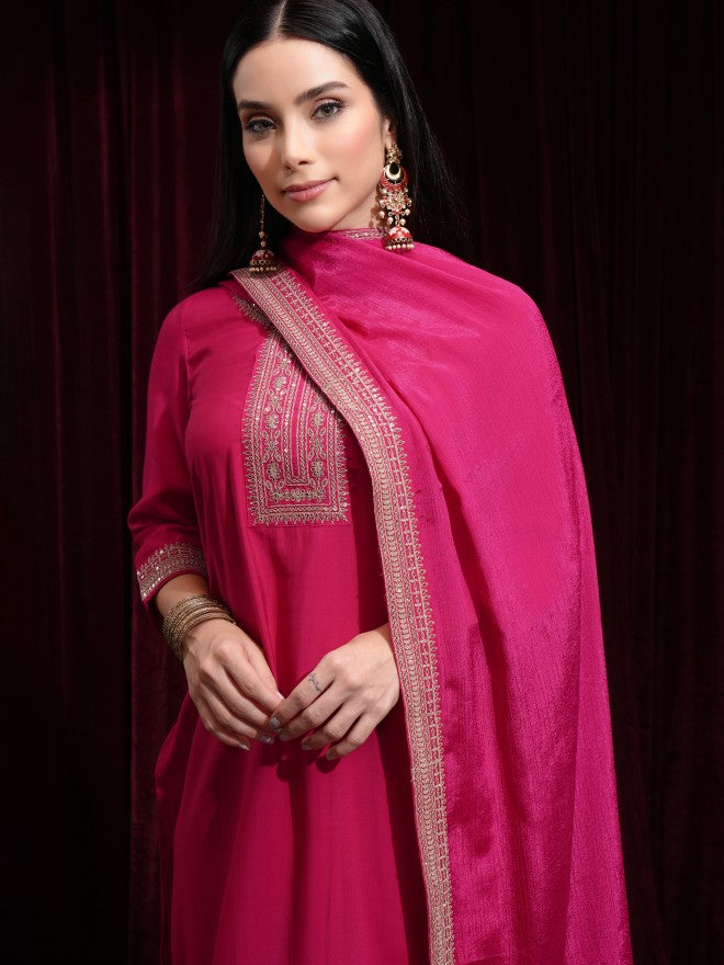 Vishudh Women Pink Kurta With Palazzos And Dupatta - Pink - Image 1
