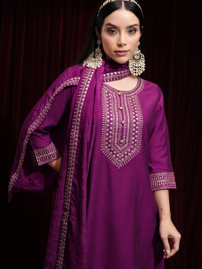 Vishudh Women Magenta Kurta With Palazzos And Dupatta - Magenta - Image 1